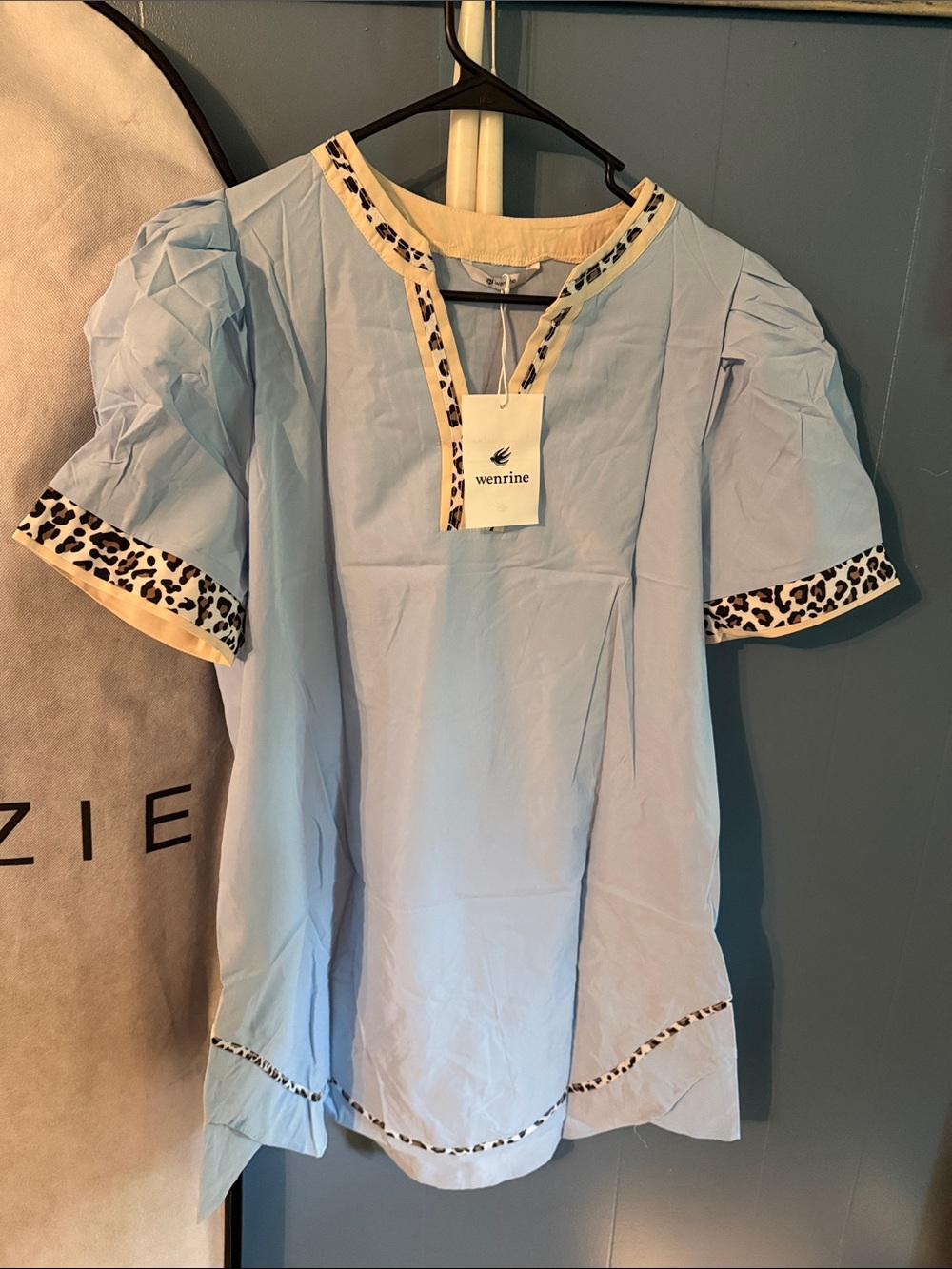 Wenrine Light Blue Short Sleeve Dress with Leopard Trim
